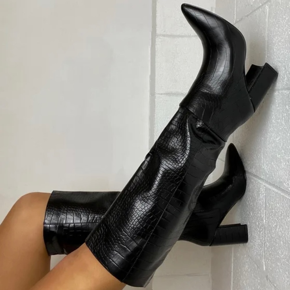 Never Worn Vegan Leather Black Croc Pointed-Toe Knee High Boots
